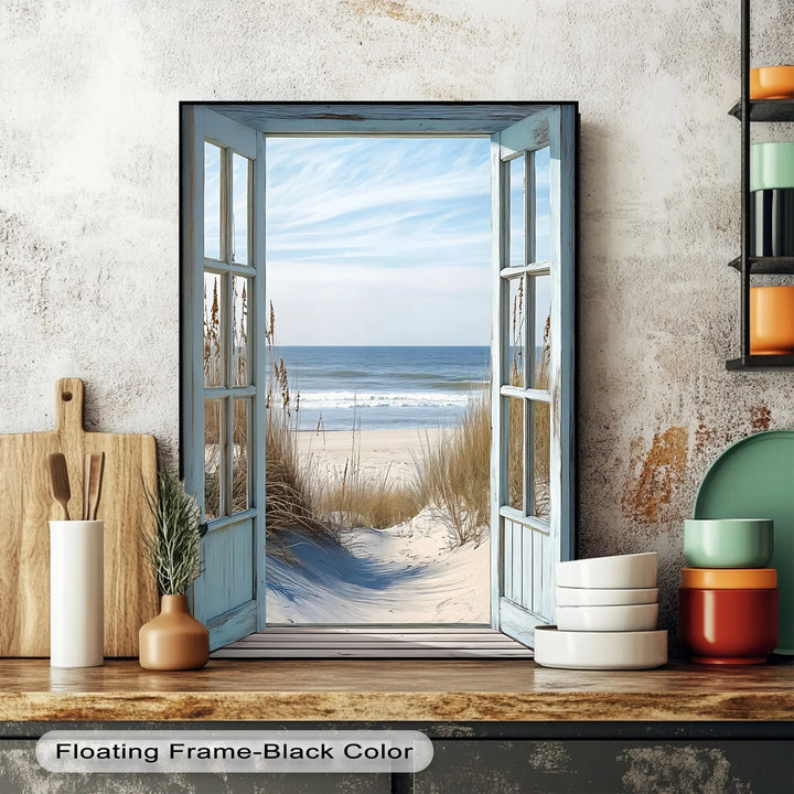 Ocean Breeze View – Open Window Beach Scene Kitchen Canvas Print - MyPhotoStation