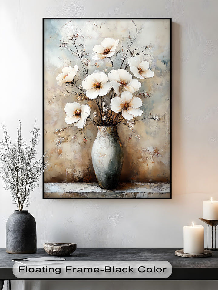 Vintage Bloom Still Life – White Flowers in Vase Canvas Print