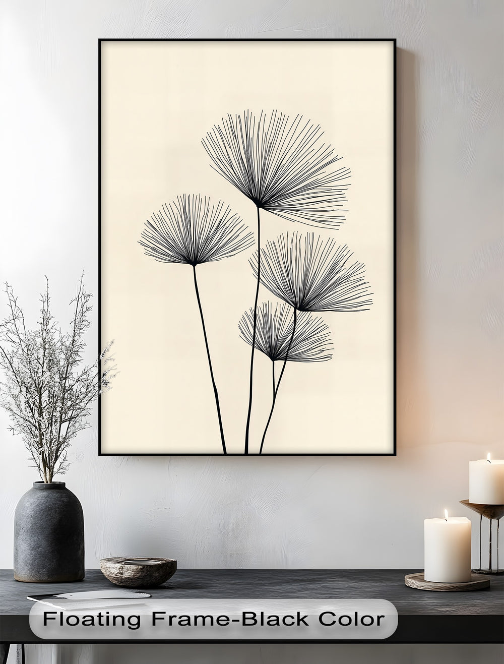 Showcasing geometric elements, this canvas painting features a minimalist botanical line canvas print with elegant black plants arranged in a linear design.