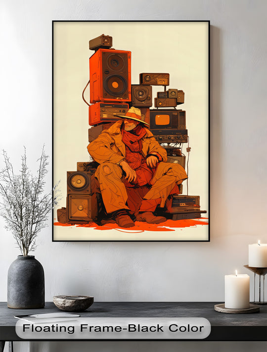 Perched atop a stack of vintage electronics, the cowboy in this desert frequencies canvas print embodies the essence of best canvas prints for bold home decoration.