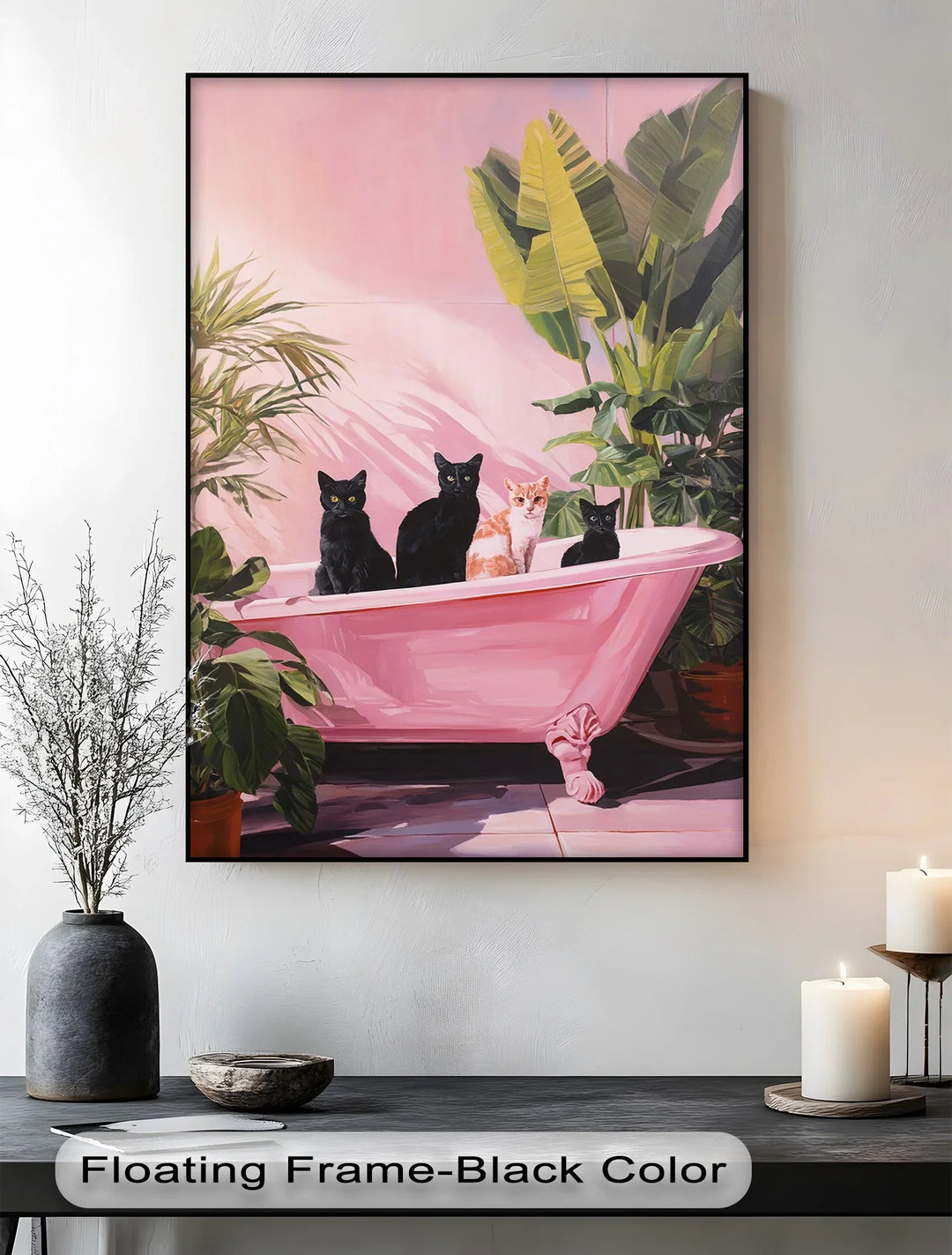 Four Cats in a Pink Bathtub – Playful Botanical Canvas Print - MyPhotoStation