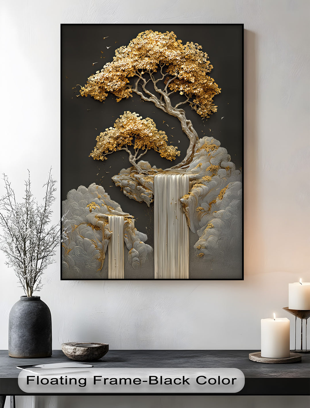 Golden Cascades – Abstract Tree and Waterfall Canvas Print
