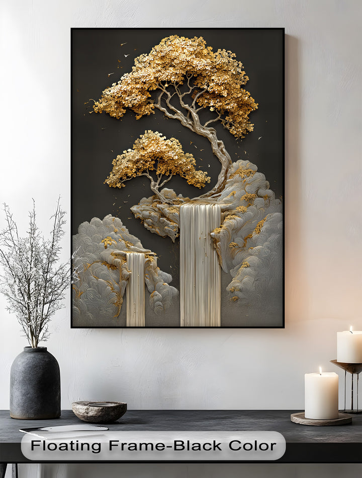 Golden Cascades – Abstract Tree and Waterfall Canvas Print