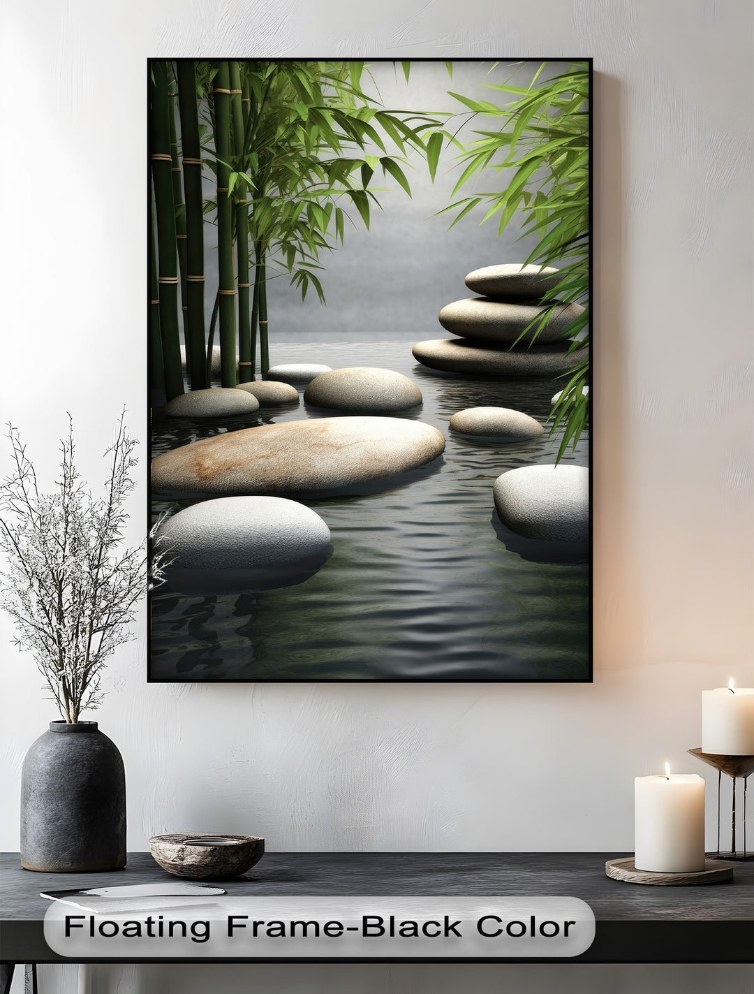 Showcasing superior material quality, this bamboo zen canvas art features serene stones and calm water reflections.