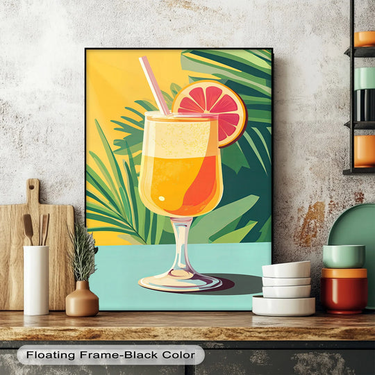 Framed with a sleek black border, this Citrus Breeze tropical cocktail canvas pictures feature clean edges accentuating the summery design.
