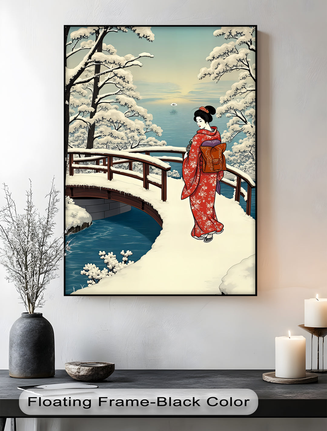 Snowy Bridge Serenity – Japanese Geisha Winter Canvas Print | Framed Art