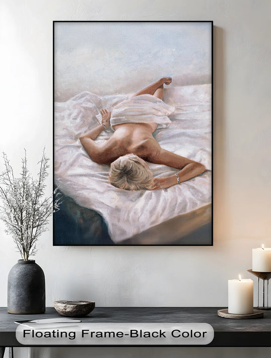 The darkest area of the reclining nude on white sheets canvas print accents the premium canvas decor's shadows in this peaceful bedroom wall art.