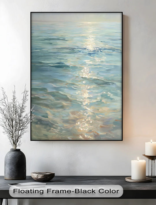 Stillness pervades this hanging canvas, featuring a tranquil ocean scene with golden reflections, evoking a serene coastal ambiance.