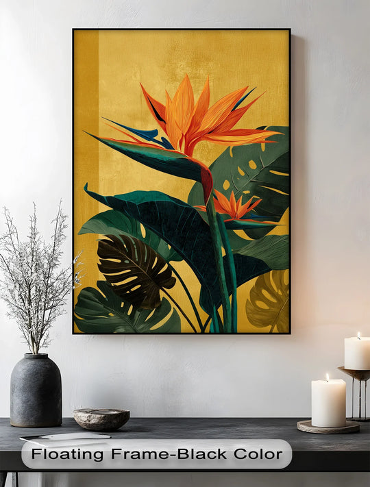Brightest area highlights the vibrant orange and yellow tones of this tropical Bird of Paradise bloom, a stunning example of canvas wall art.