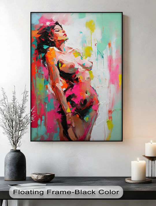 Behind the figure, an abstract backdrop of high quality canvas prints blends turquoise, pink, yellow, and white in an expressive burst of color.