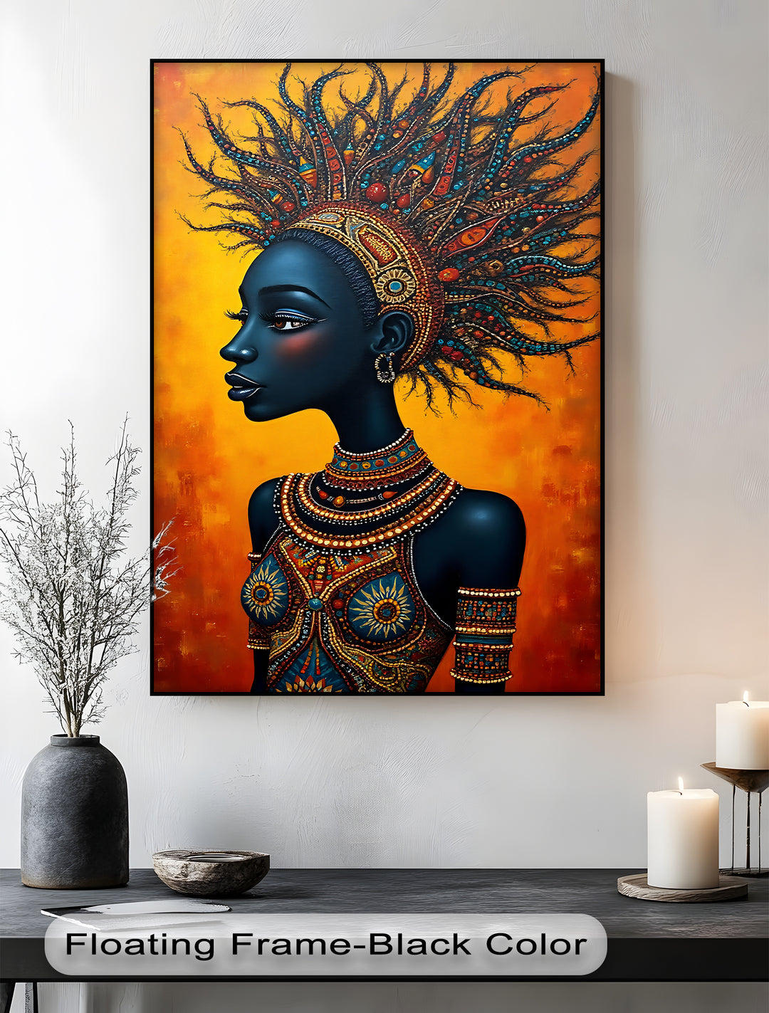Regal African Queen – Beaded Tribal Portrait Canvas Wall Art | Framed Art