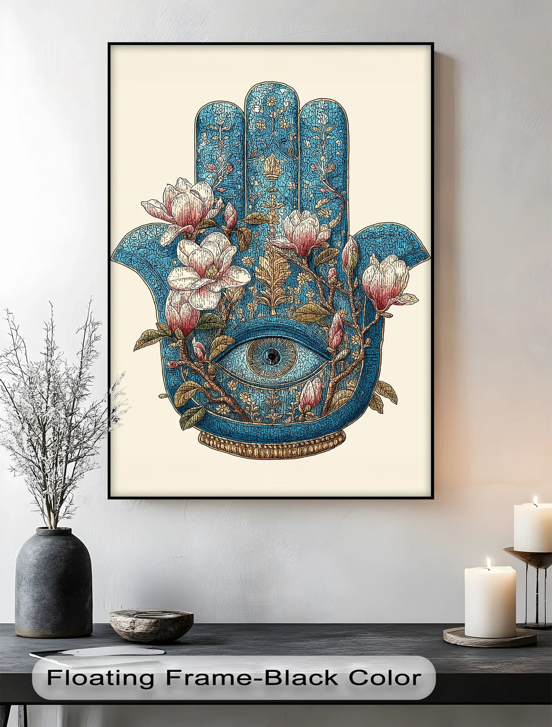 Sacred Hamsa Bloom – Blue Floral Hand with Eye Canvas Print - MyPhotoStation
