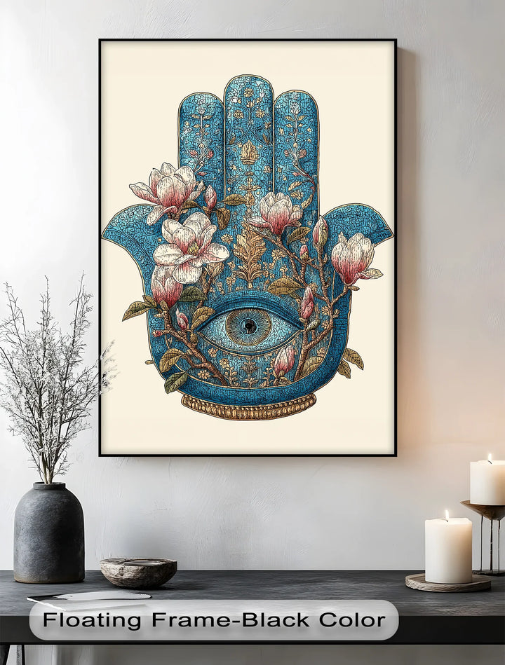 Sacred Hamsa Bloom – Blue Floral Hand with Eye Canvas Print - MyPhotoStation