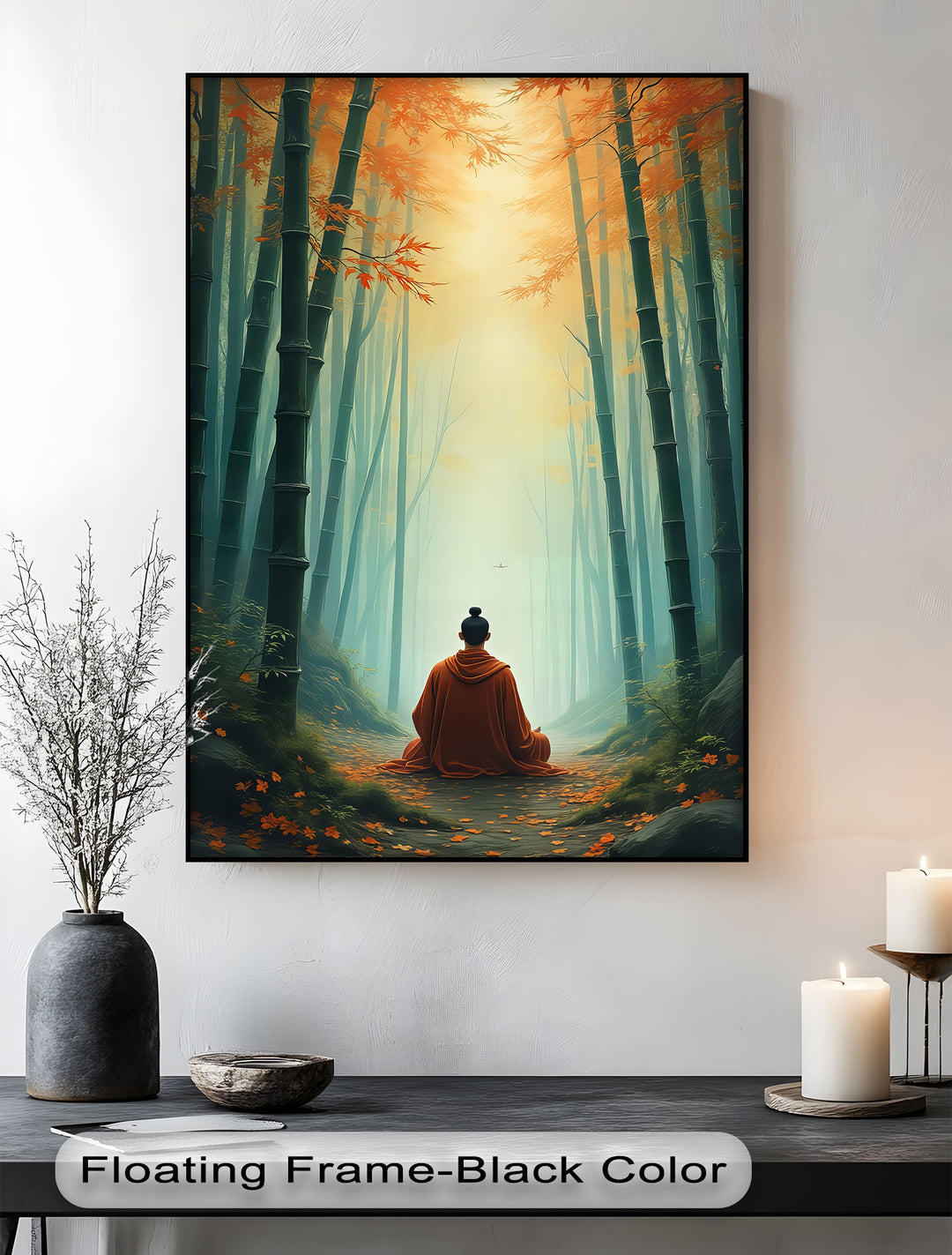 Zen Serenity – Monk in Bamboo Forest Canvas Wall Art | Framed Artwork