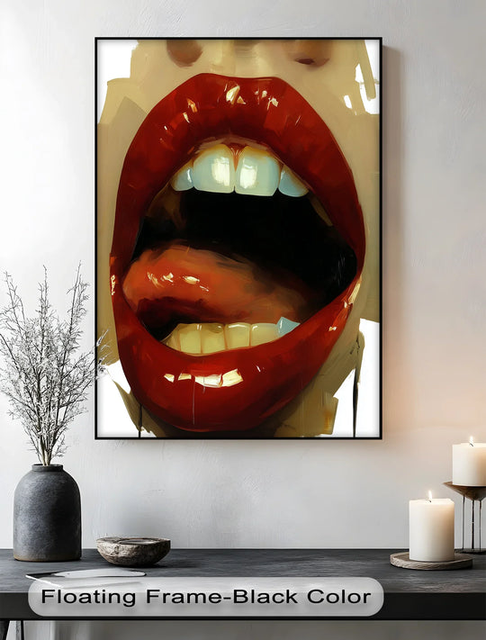 Printed on premium canvas decor, this Crimson Seduction canvas print showcases high-quality glossy textures, capturing the bold details of the pouty red lips art.