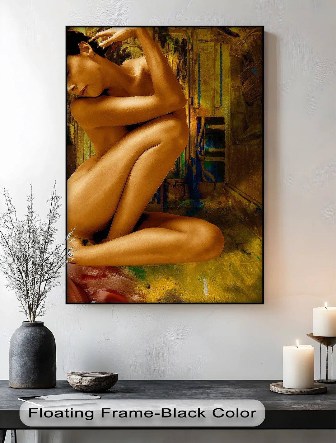 Golden Solitude – Abstract Nude Woman in Crouched Pose Canvas Print - MyPhotoStation