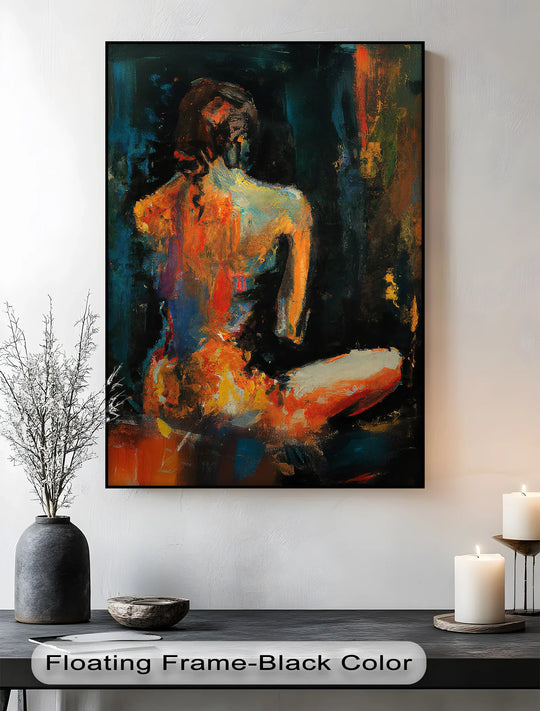 Dominantly orange and blue, this abstract female nude canvas print showcases expressive canvas art with a mystique captured in shadow, framed against a dark backdrop.