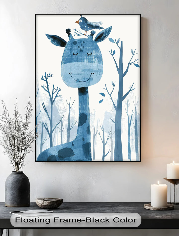 Whimsical Giraffe & Bird in Blue Forest – Kids Animal Blue Canvas Prints - MyPhotoStation