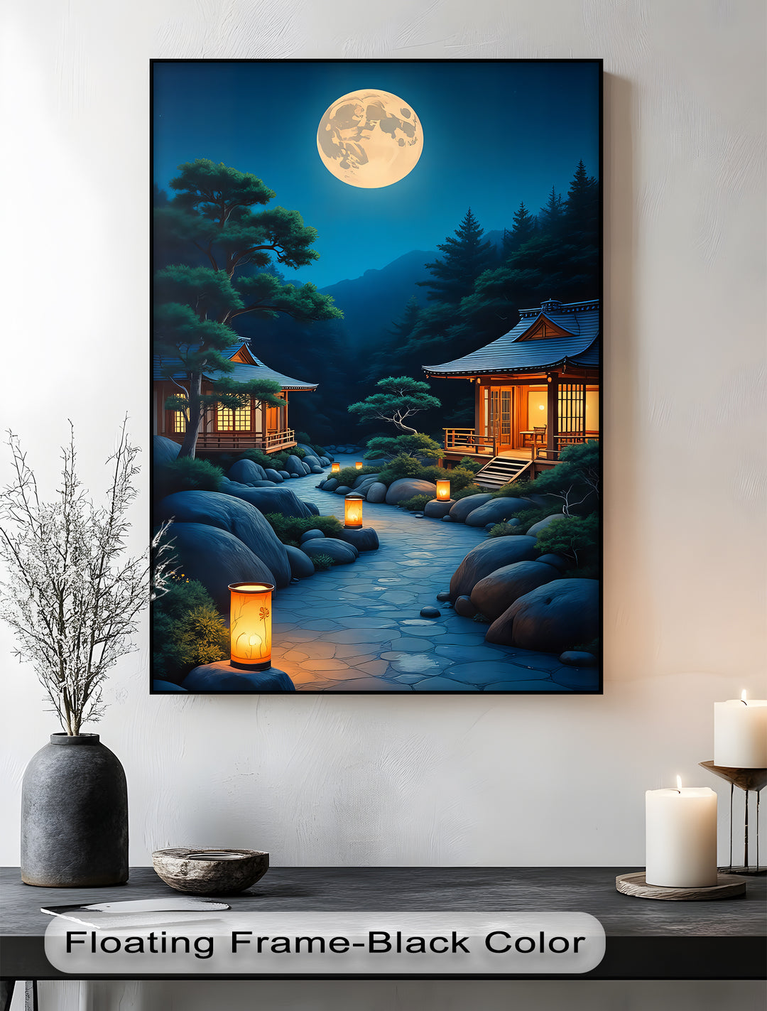 Moonlit Serenity – Japanese Zen Temple Canvas Wall Art | Framed Art