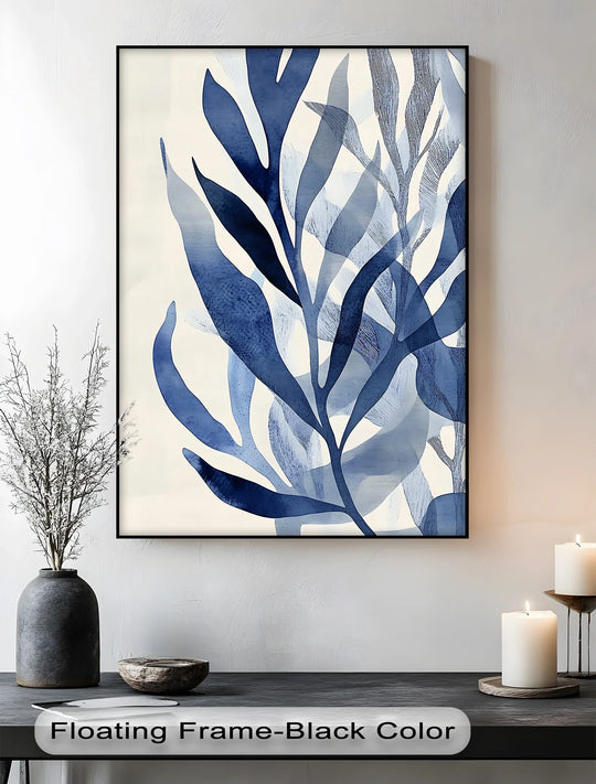 The realistic detail captures the texture and depth of this modern blue leaf abstract, a stunning canvas painting botanical print.