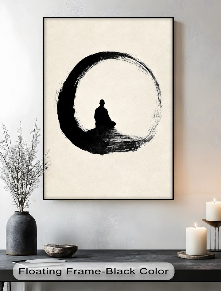 Zen Circle with Meditating Figure – Minimalist Japanese Ink Canvas Print - MyPhotoStation