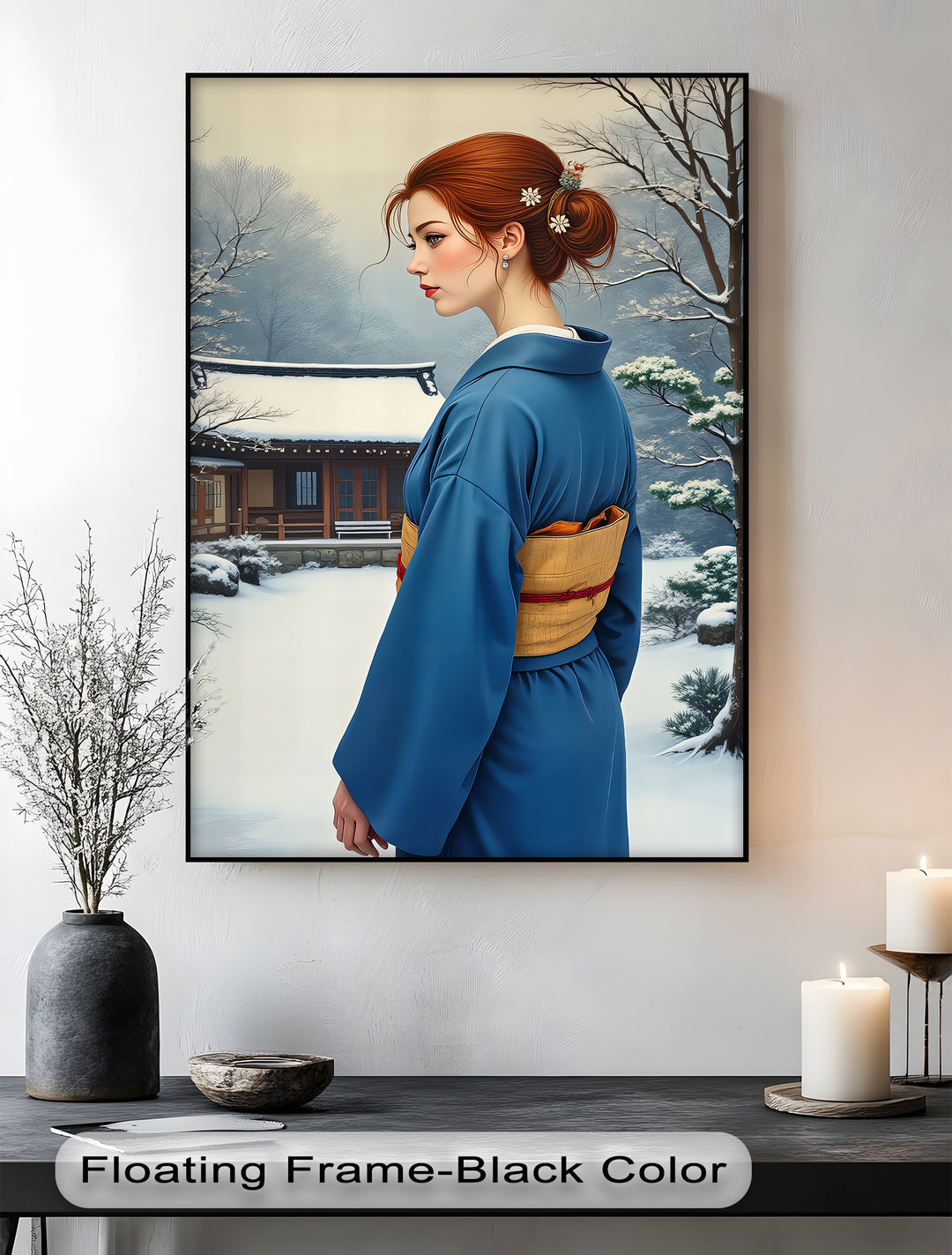 Winter Serenity – Japanese Woman in Blue Kimono Canvas Print | Framed Art