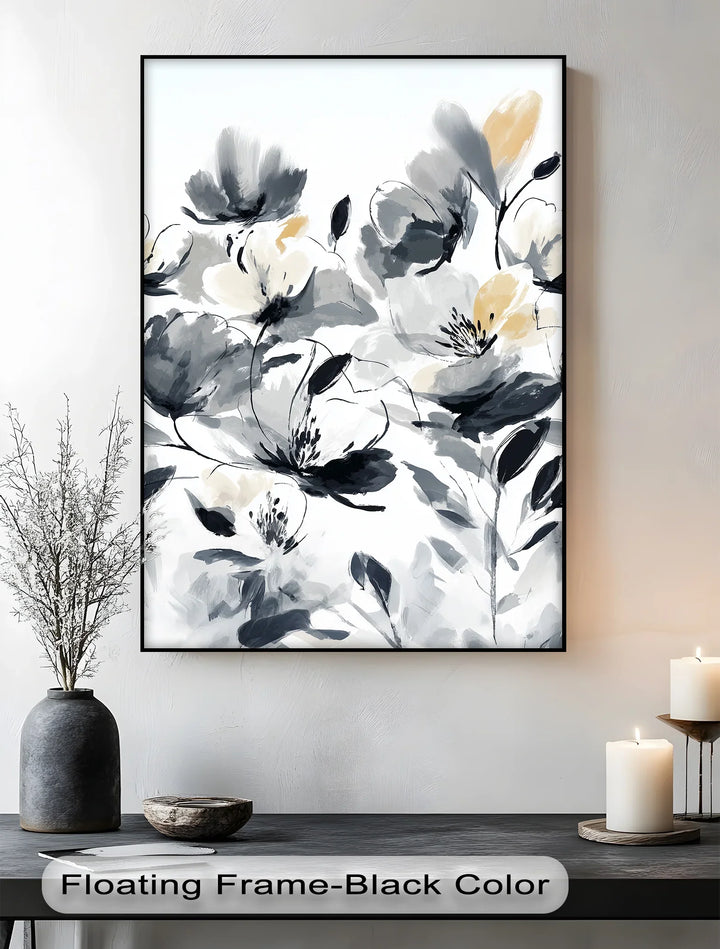 Monochrome Elegance – Black and Ivory Abstract Floral Canvas Print - MyPhotoStation