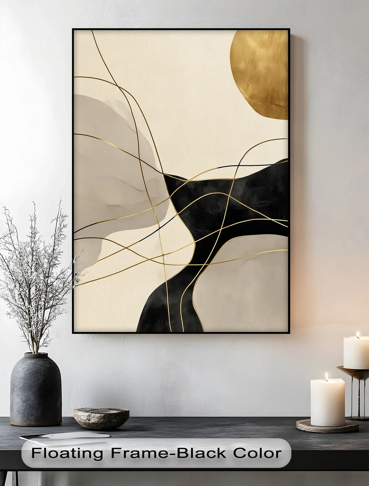 Elegant Golden Balance abstract canvas painting showcases bold black and gold forms connected by fine gold lines in a harmonious, minimalist canvas painting.