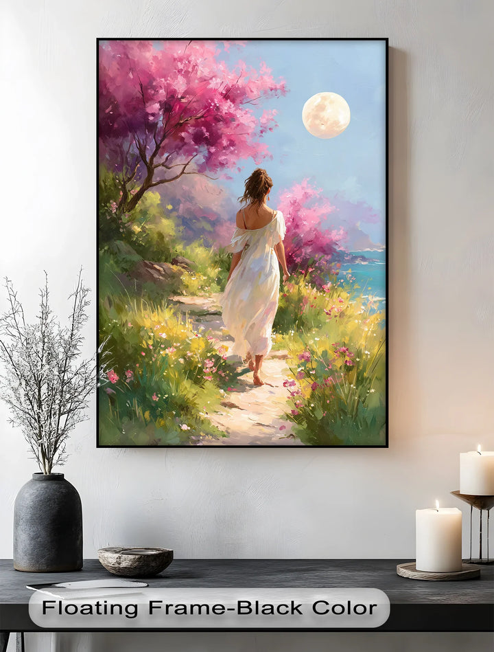 Moonlit Garden Stroll – Romantic Woman in Blossoming Landscape Canvas Print - MyPhotoStation