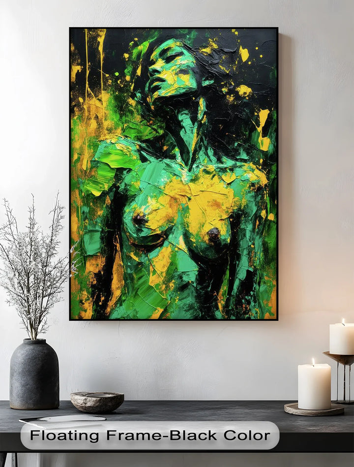 Verdant Awakening – Green and Yellow Abstract Nude Canvas Print - MyPhotoStation