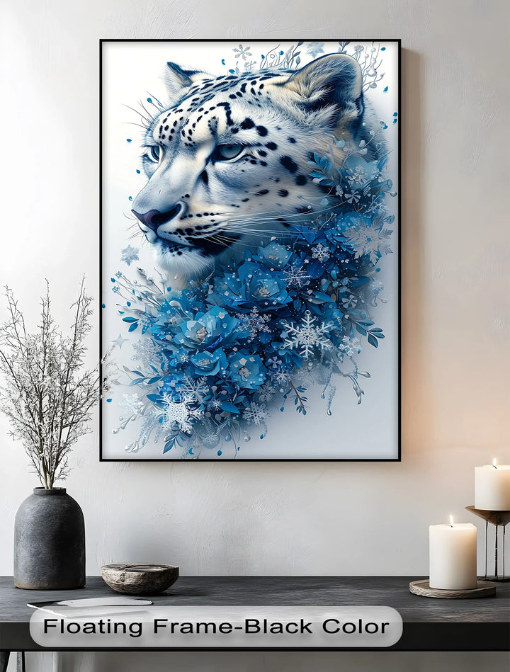 Snow Leopard in Blue Florals – Majestic Winter Wildlife Blue Canvas Prints - MyPhotoStation
