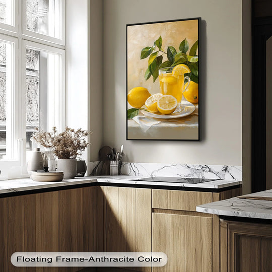 Minimal negative space surrounds the premium canvas decor of the 'Citrus Morning' lemon tea still life, accentuating its warm tones.