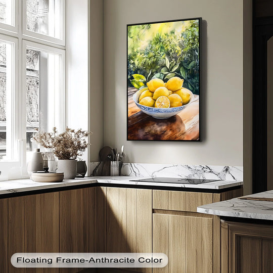 Visible surface texture emphasizes the sunlit lemons in porcelain bowl, a Mediterranean kitchen canvas wall decor print with a rustic wood table.
