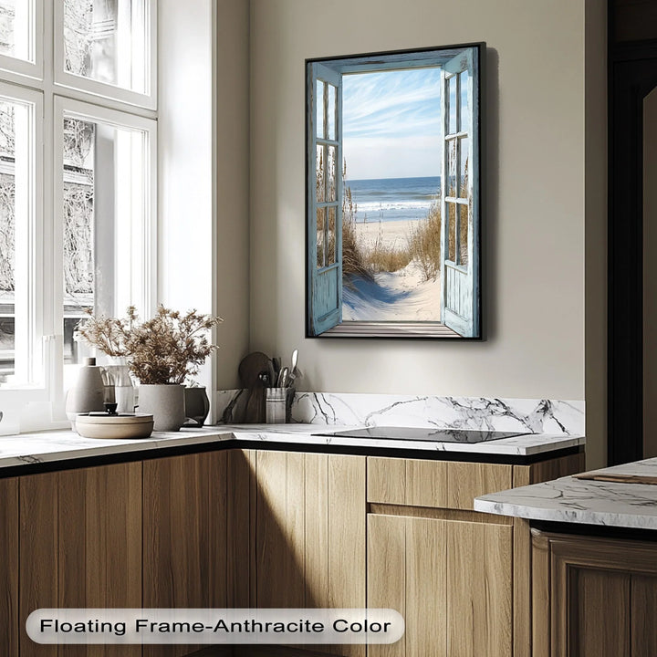 Ocean Breeze View – Open Window Beach Scene Kitchen Canvas Print - MyPhotoStation