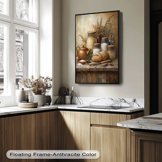 Featuring the black edge and borders of a framed farmhouse pantry delight canvas art print with a rustic kitchen still life, emphasizing its quality canvas art.