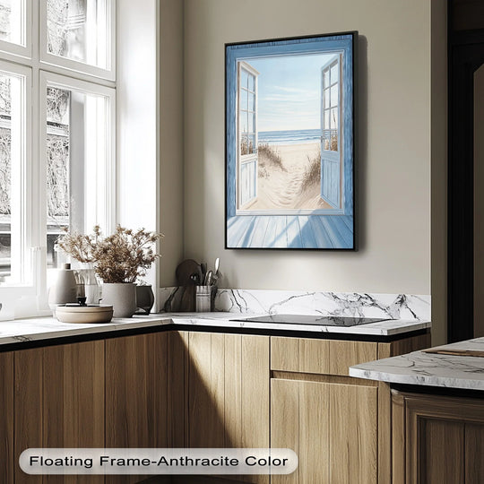 Depicting a scenic beach through an open window, this canvas print artfully blends sand-tone floors with vibrant sky in high quality canvas prints.
