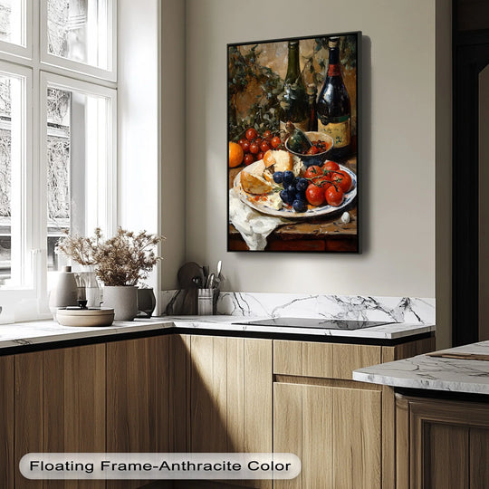 Swirling brushstrokes bring the rustic vineyard table scene to life, animating the grapes, wine, and bread in this premium canvas decor print.