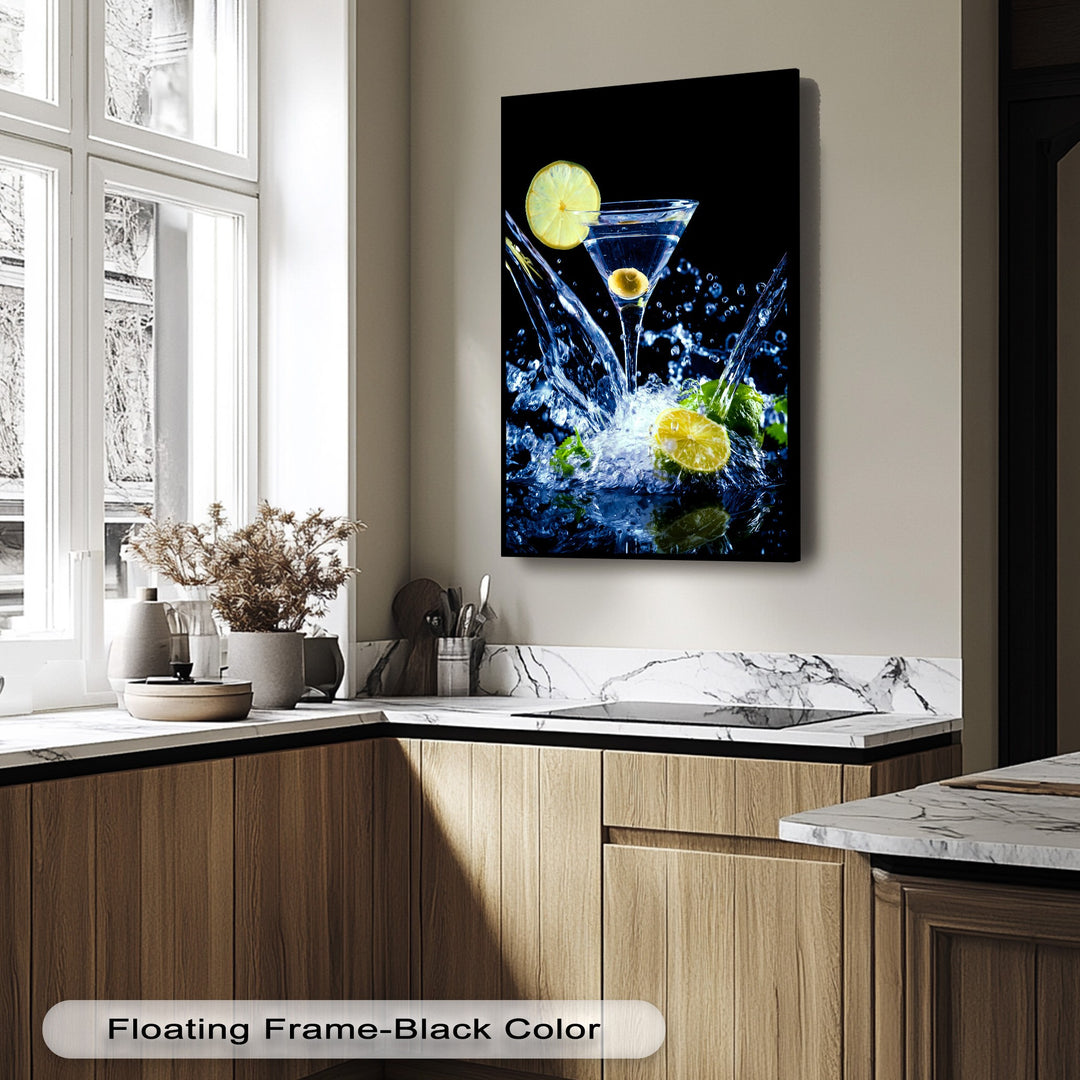 Bright light illuminates the fresh lemon martini and dynamic water splashes against a deep shadow, creating a striking bar wall art effect for canvas pictures.