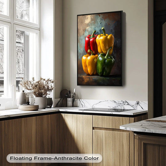 Geometric presentation of the vibrant bell pepper harmony on high quality canvas prints shows stacked square shapes and contrasting colors create a bold, contemporary still life.