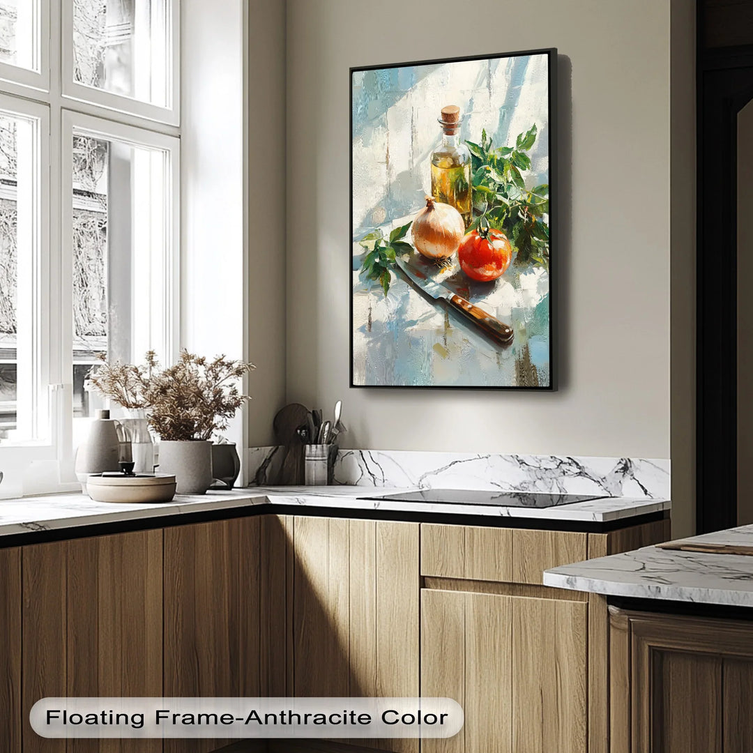 Rustic Kitchen Essentials – Tomato, Onion & Olive Oil Still Life Canvas Print - MyPhotoStation