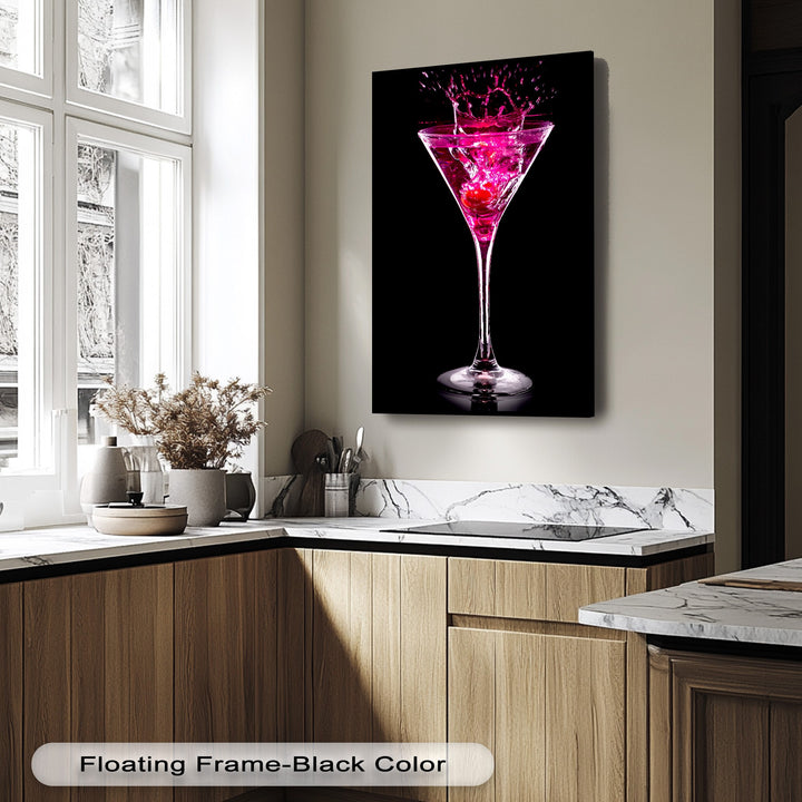 The vibrant, organic forms of a pink martini's liquid splash and elegant glass stem create a captivating premium canvas decor.