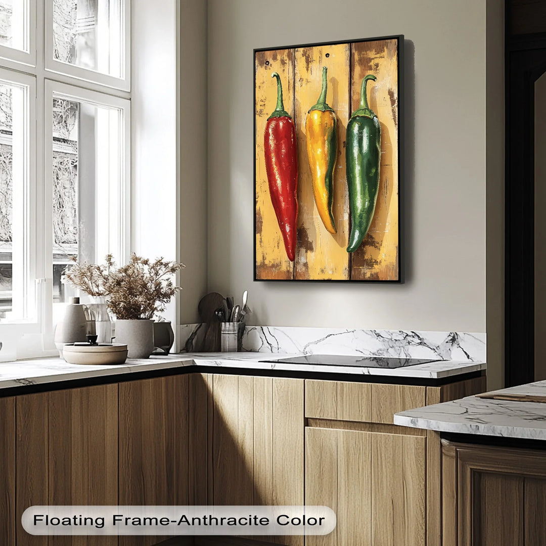 Spicy Trio – Rustic Red, Yellow & Green Peppers Kitchen Canvas Print - MyPhotoStation