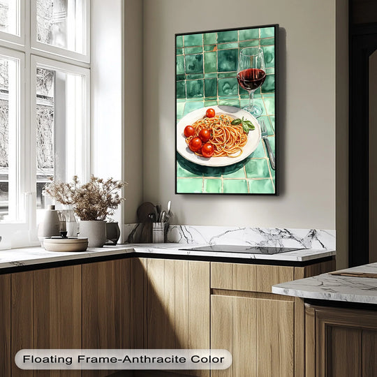 Subtle light and shadow define the composition of the Pasta & Wine Moment canvas pictures, creating depth and highlighting the culinary subject matter.