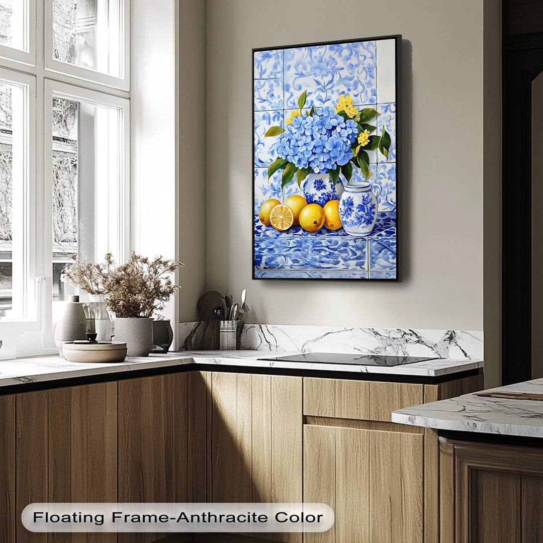 Lemon & Hydrangea Harmony – Blue Tile Floral Kitchen Canvas Print - MyPhotoStation
