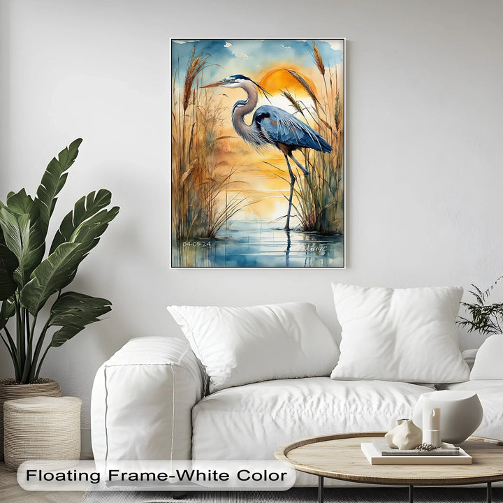 Majestic Blue Heron at Sunset – Serene Waterscape Canvas Print - MyPhotoStation