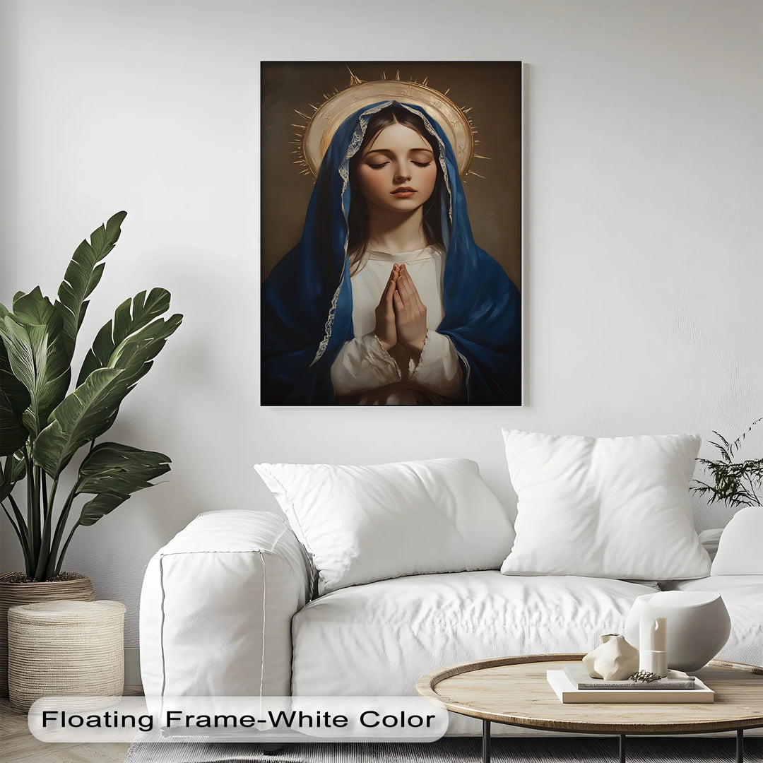 Invite calm and devotion with this heavenly canvas painting of the Blessed Virgin in prayerful silence.

