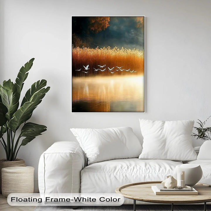 Golden Flight – Tranquil Birds at Sunset Canvas Print - MyPhotoStation