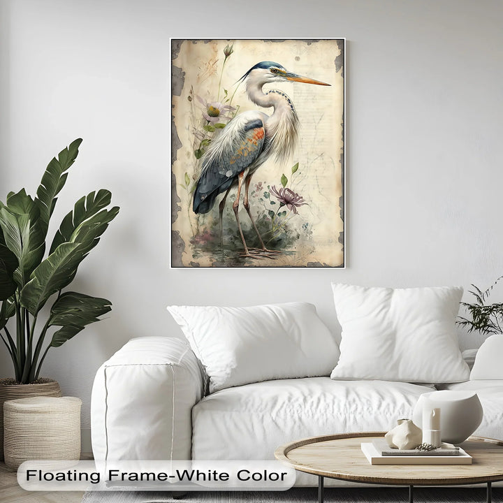 Graceful Heron Amid Wildflowers – Vintage Nature Canvas Print - MyPhotoStation