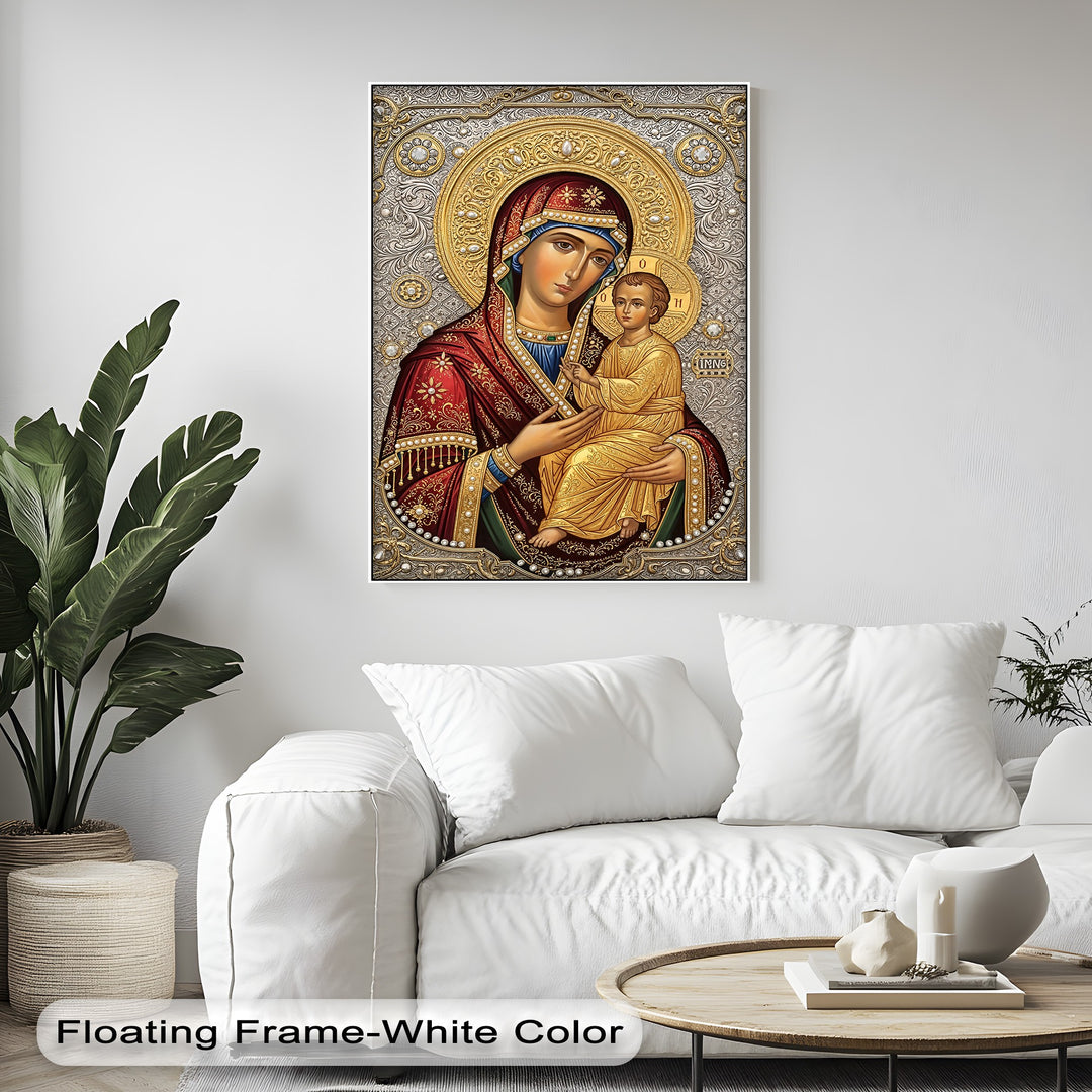 The brightest area, radiating with brilliant gold and silver details, adorns this Virgin Mary and Child Christian icon canvas art print.