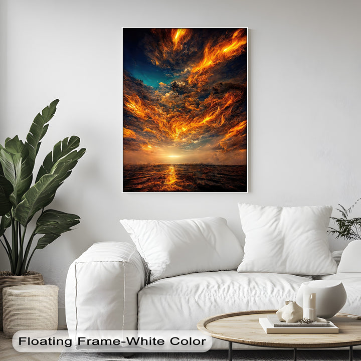 The incandescent horizon light reflects dramatically on turbulent, dark ocean waves in this fiery abstract canvas painting.